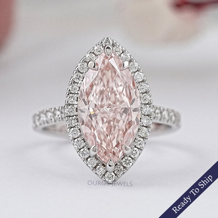 Pink Marquise Cut Lab Diamond Halo Accent Ring