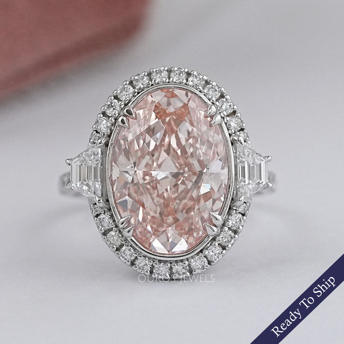 Pink Oval Cut With Trapezoid Accent Halo Engagement Ring