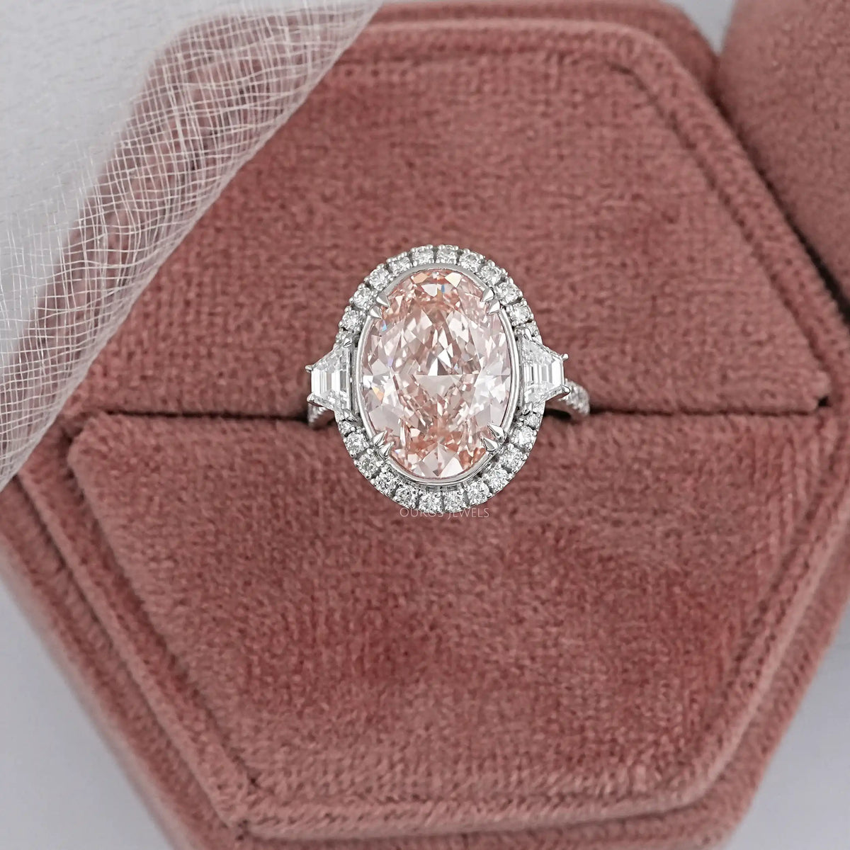 Pink Oval Cut With Trapezoid Accent Halo Engagement Ring Rings