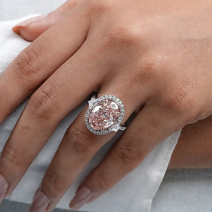 Pink Oval Cut With Trapezoid Accent Halo Engagement Ring Rings