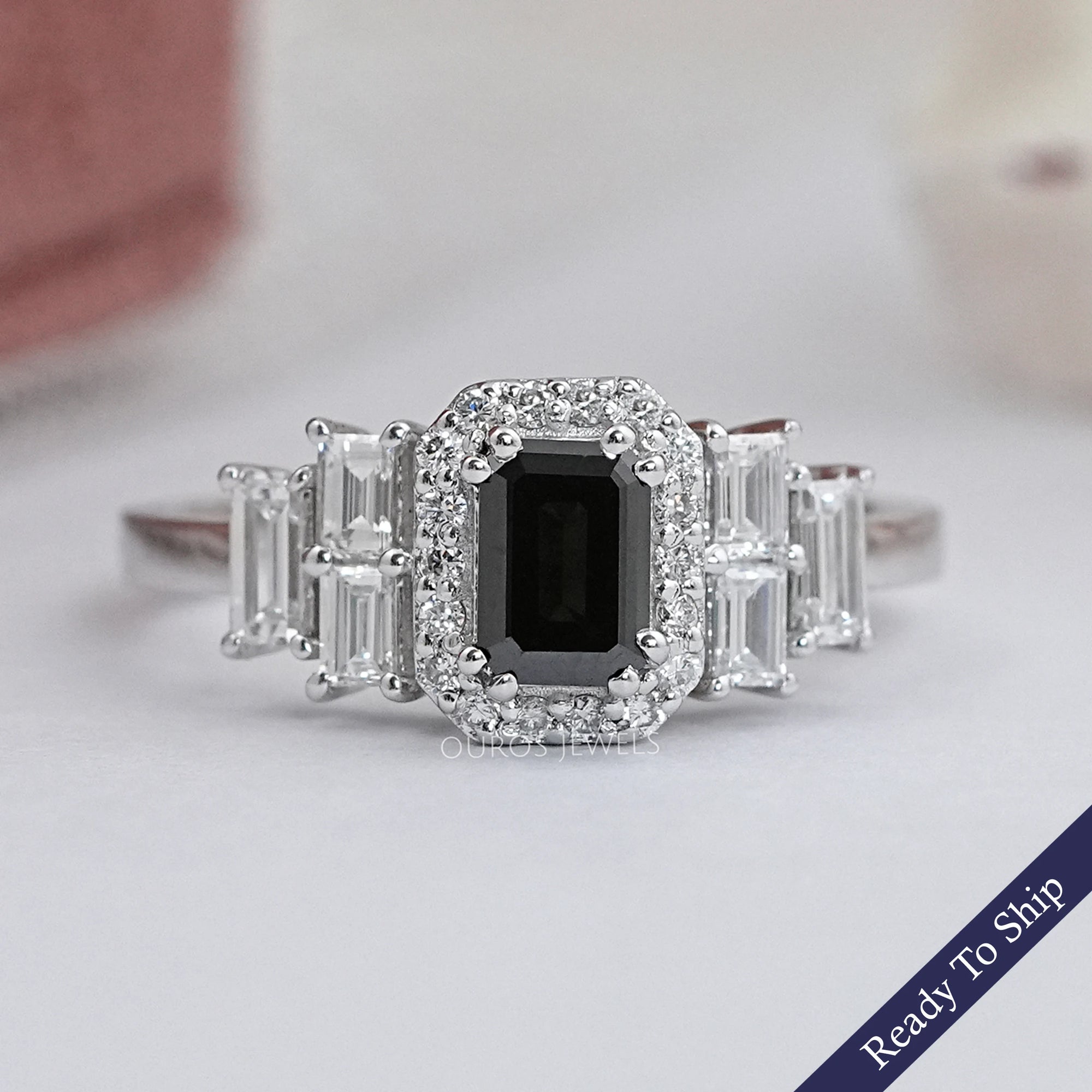 Black Emerald Diamond Accent Halo Engagement Ring Rings