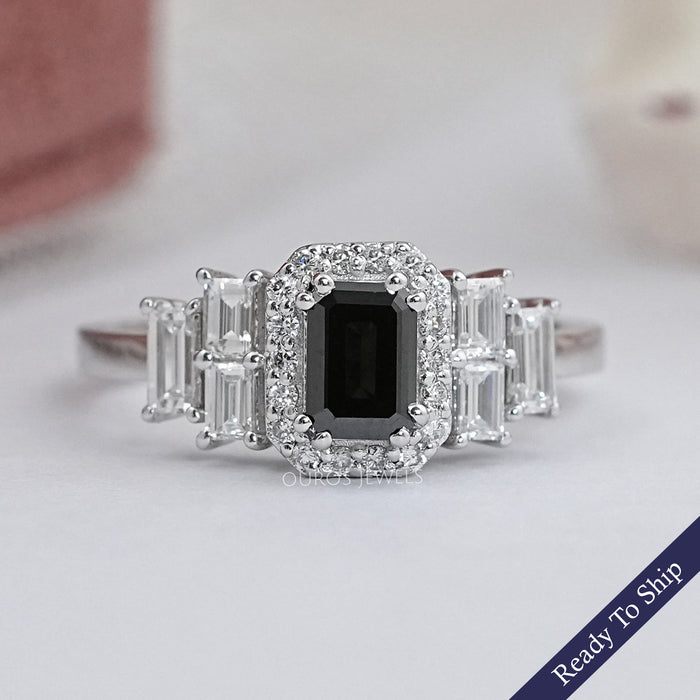 Black Emerald Diamond Accent Halo Engagement Ring