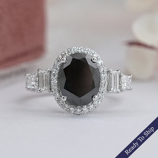 Black Oval Diamond Accent With Halo Engagement Ring Rings