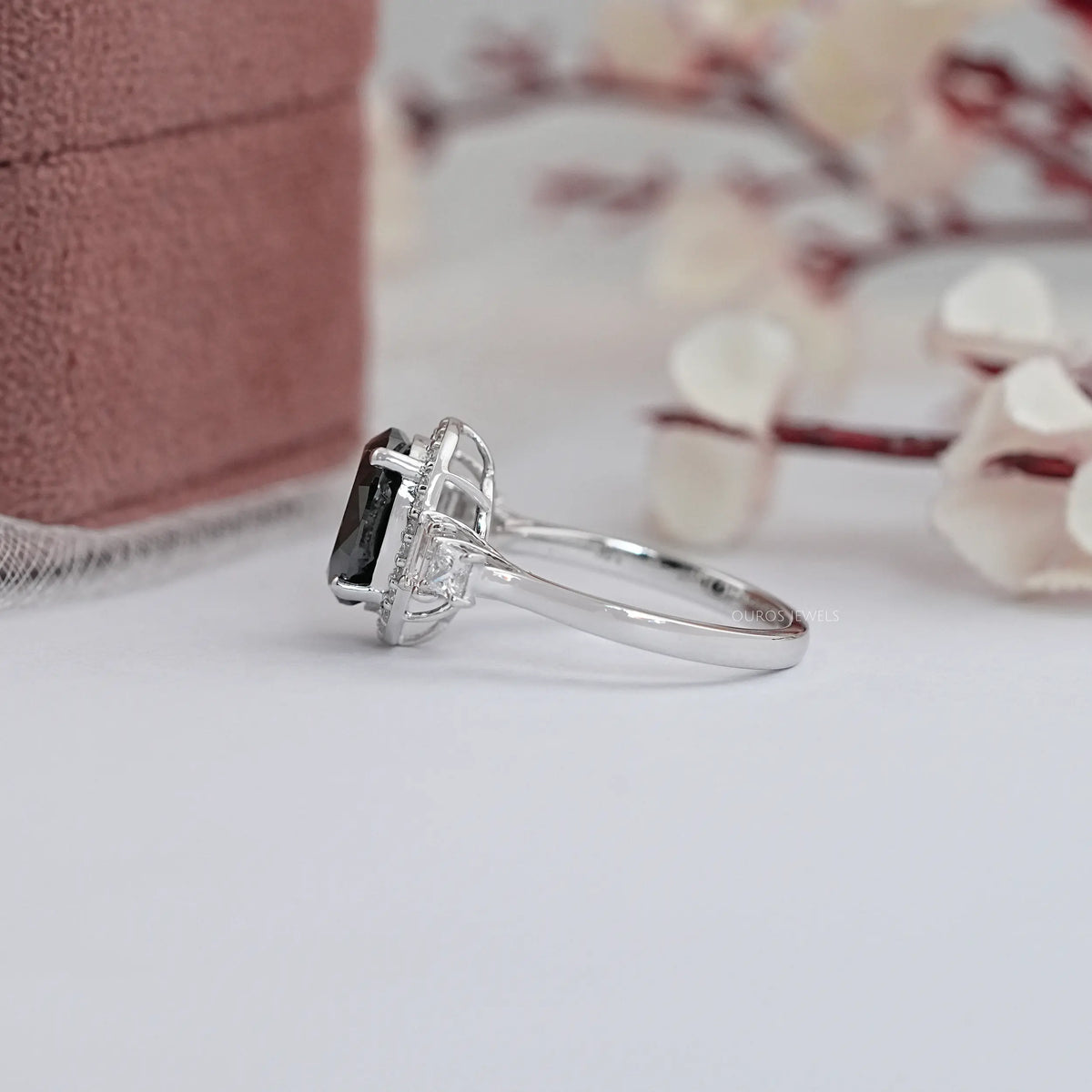 Black Oval Diamond Accent With Halo Engagement Ring Rings