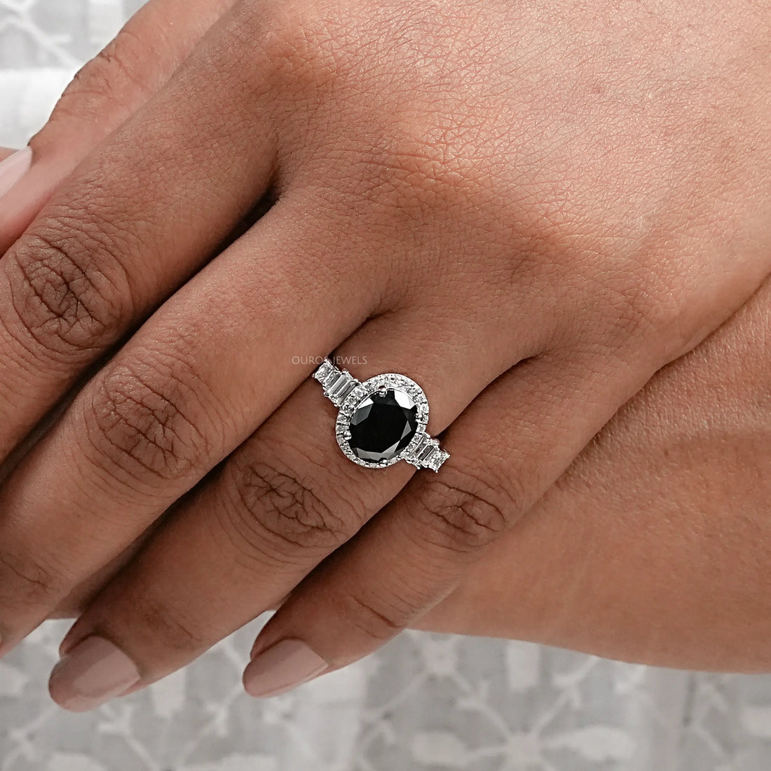 Black Oval Diamond Accent With Halo Engagement Ring Rings