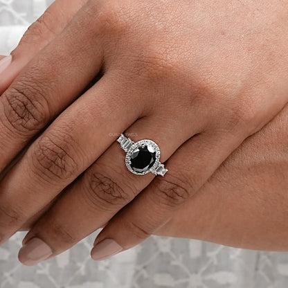 Black Oval Diamond Accent With Halo Engagement Ring Rings