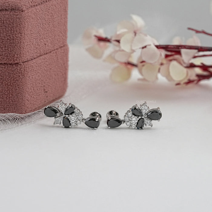 Black Pear Diamond Cluster Drop Earrings