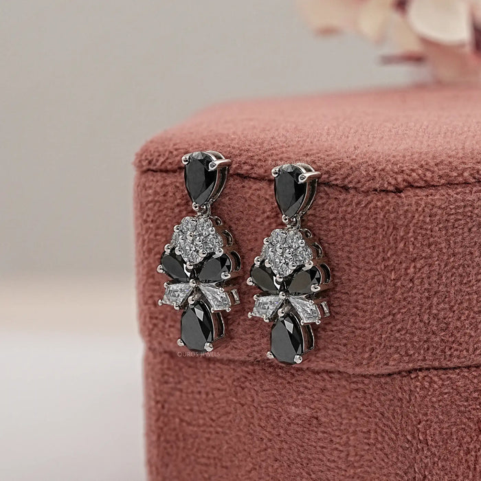 Black Pear Diamond Cluster Drop Earrings