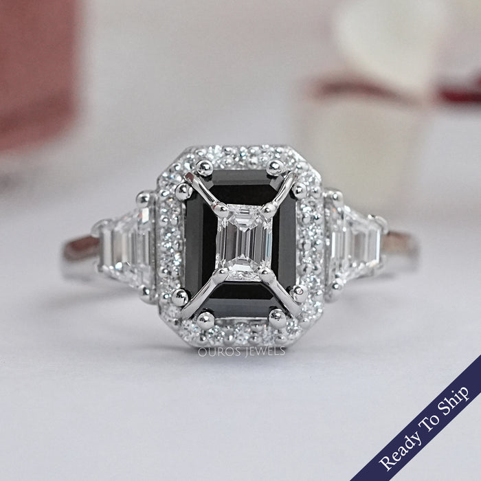 Black Emerald Diamond Three Stone Engagement Ring