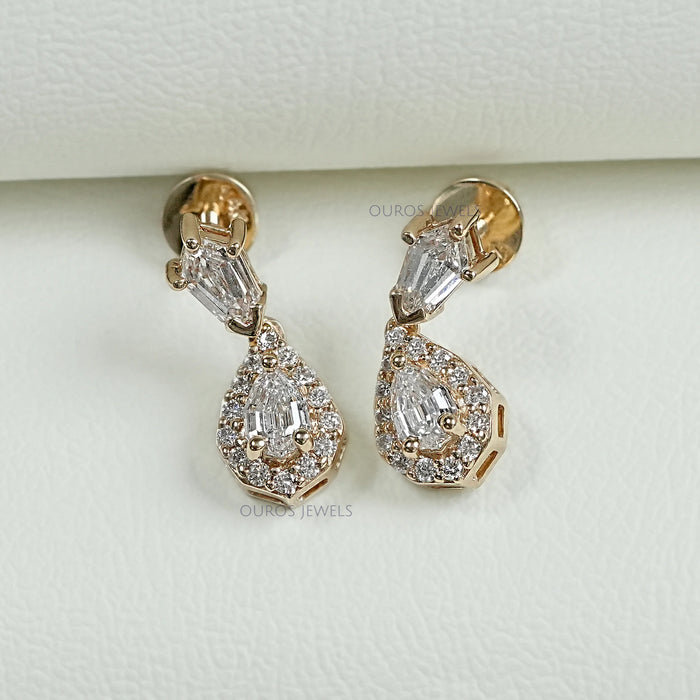 Halo Diamond  Step Cut Pear Dangle Earrings