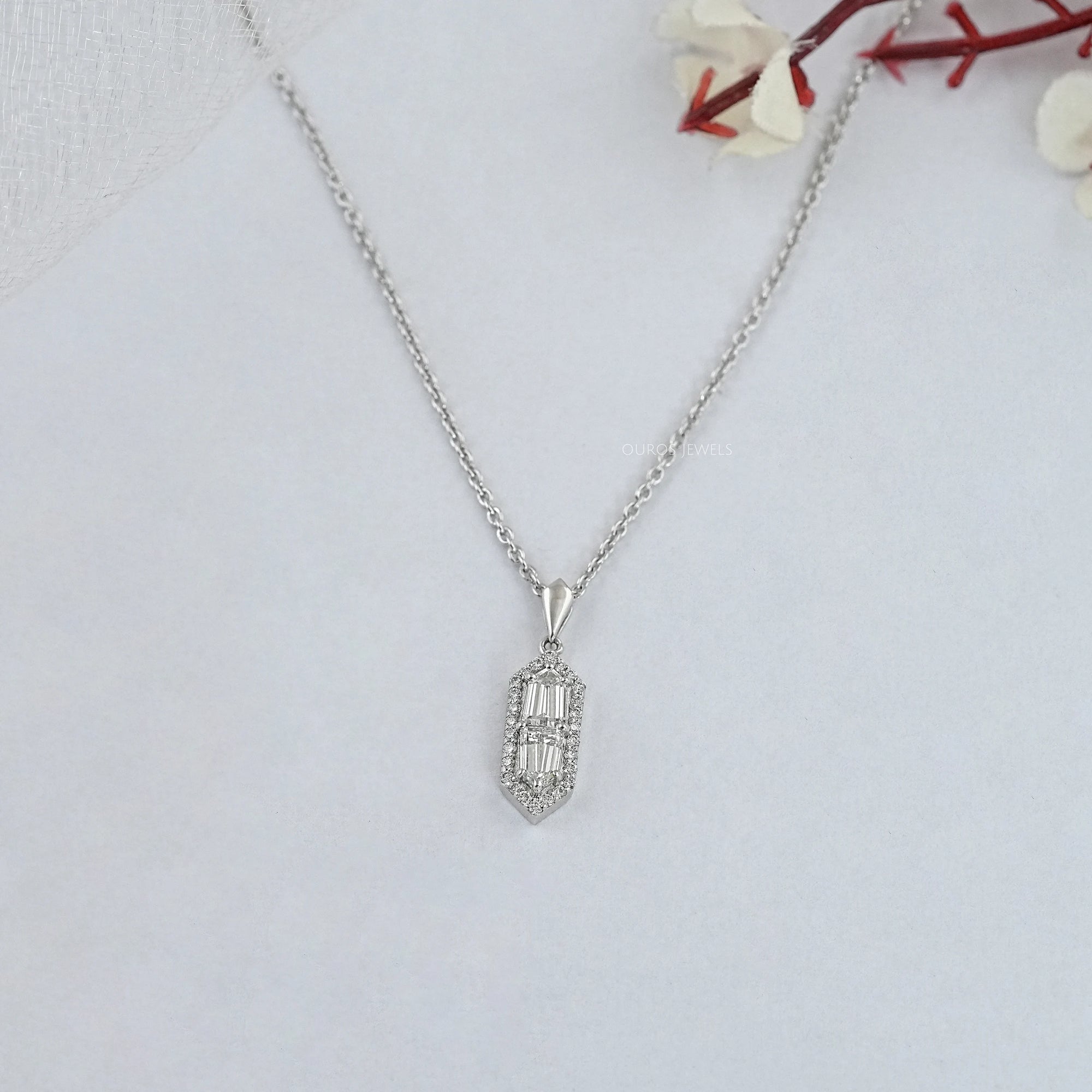 Step Cut Arrow Lab Diamond Halo Pendant Necklaces