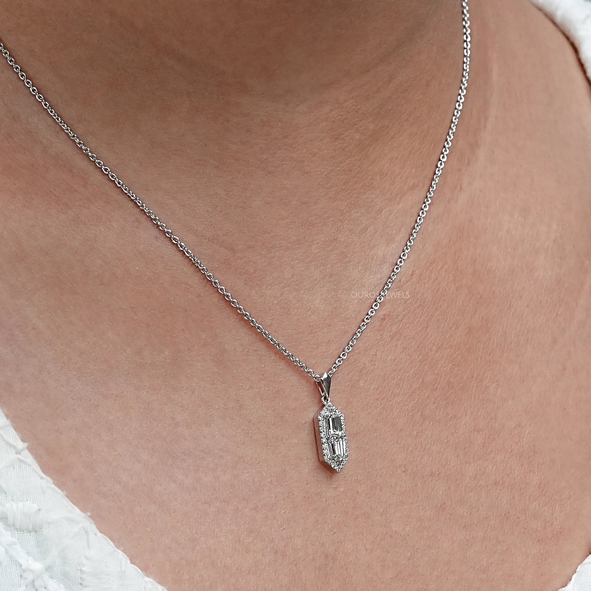 Step Cut Arrow Lab Diamond Halo Pendant Necklaces