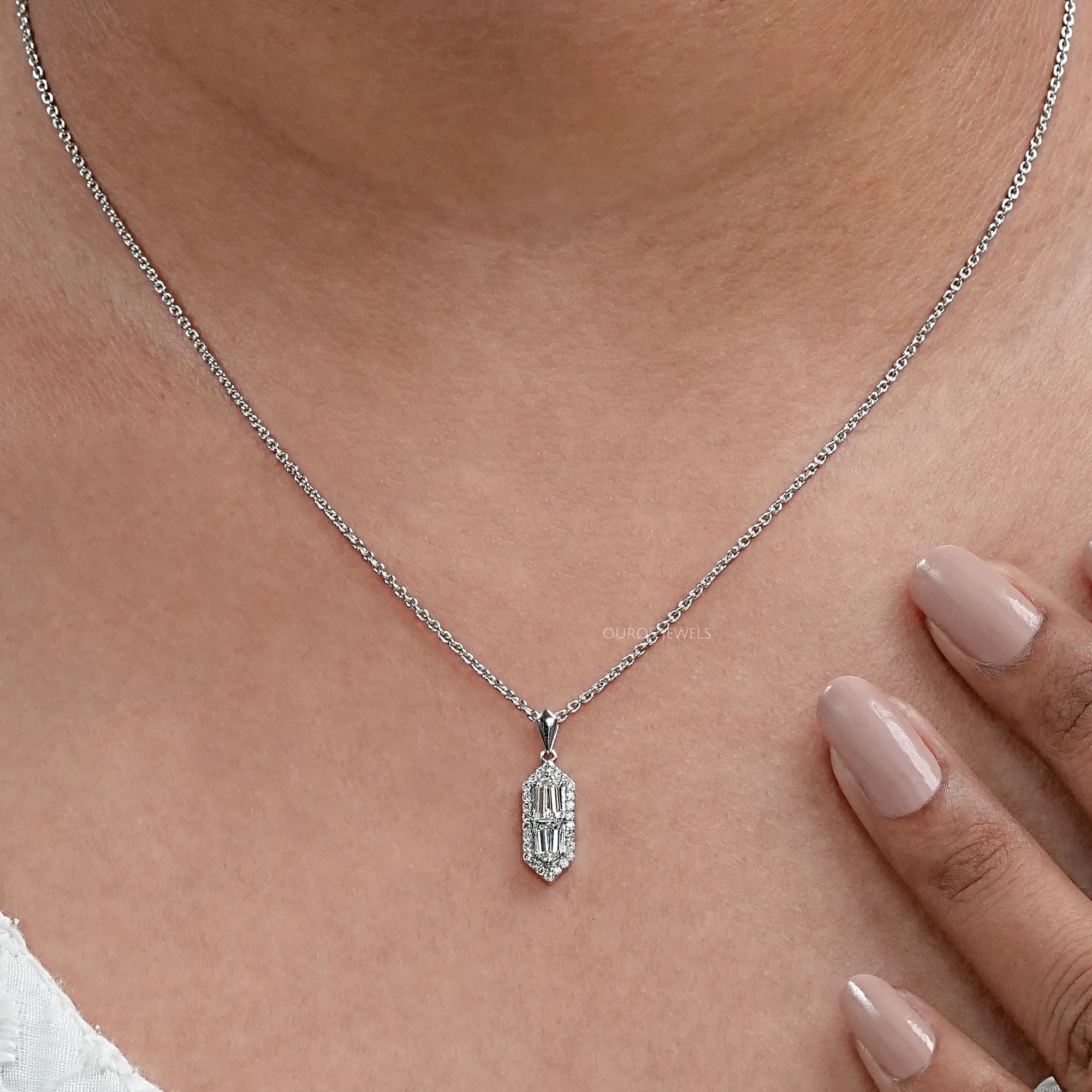 Step Cut Arrow Lab Diamond Halo Pendant Necklaces
