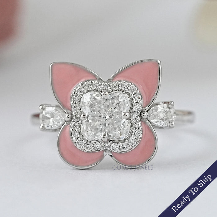Antique Floral Cut Pink Enamel Engagement Ring