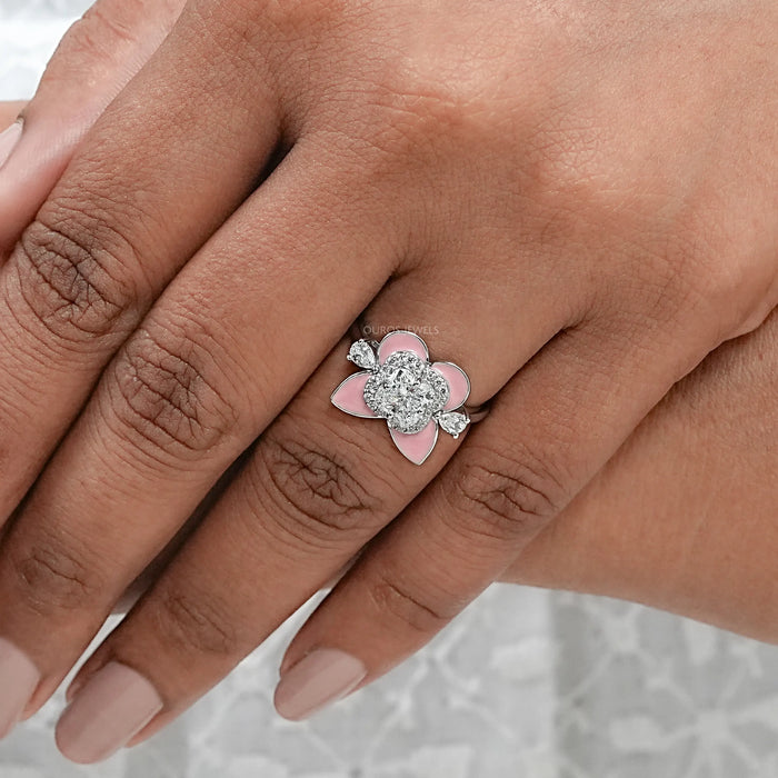 Antique Floral Cut Pink Enamel Engagement Ring