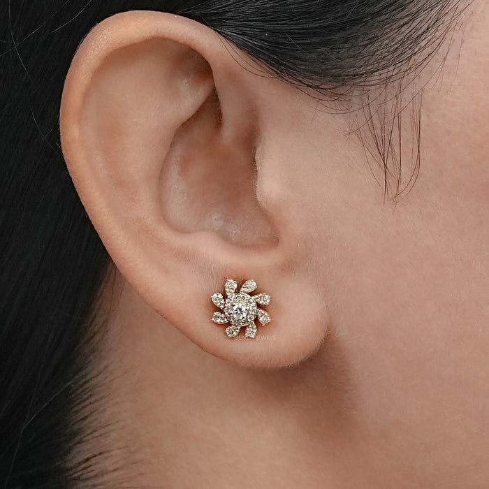 Round Lab Diamond Halo Floral Stud Earrings