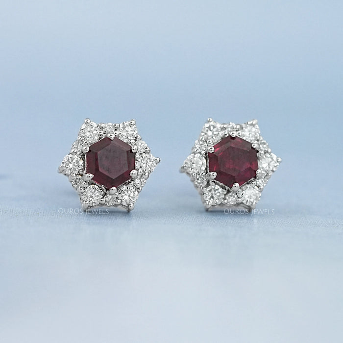 Floral Hexagon Cut Red Ruby Gemstone Cluster Stud Earrings