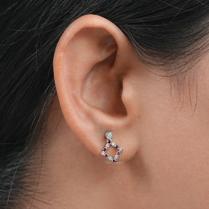 Ruby Round Gemstone Bezel Set Drop Earrings