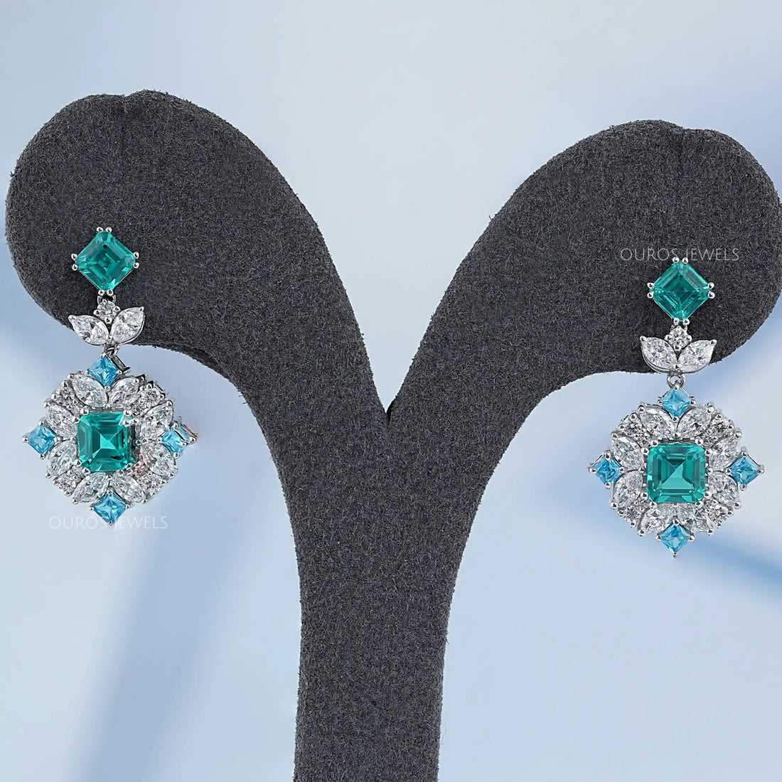 Asscher Paraiba Lab Gemstone Diamond Cluster Drop Earrings