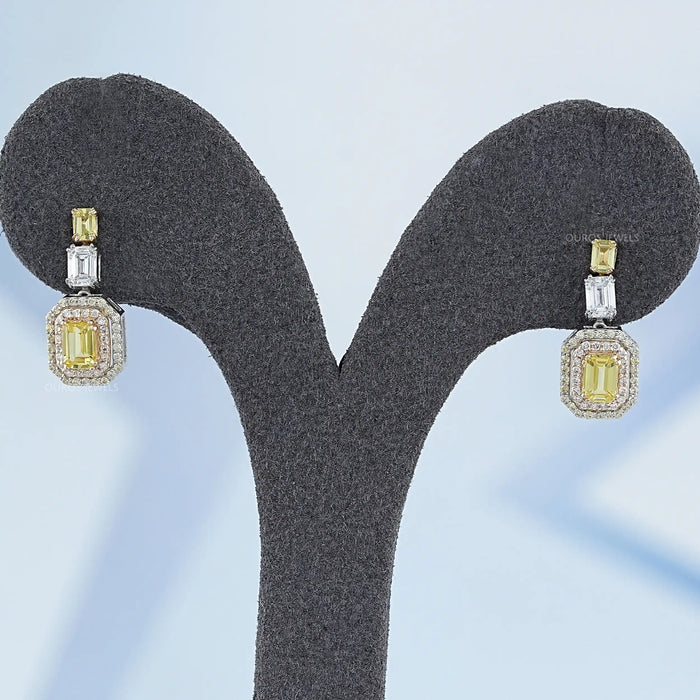 Yellow Emerald Lab Gemstone Double Halo Drop Earrings