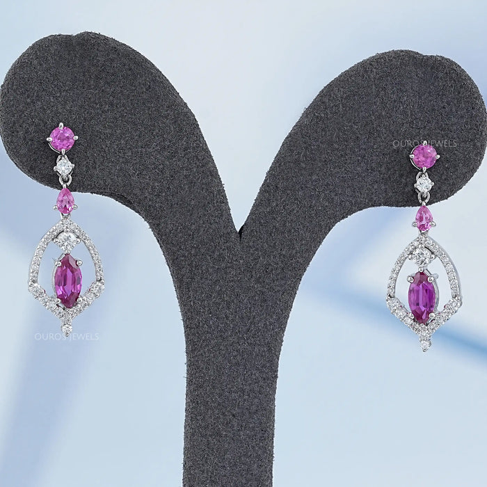 Pink Sapphire Marquise Cut Cluster Diamond Dangle Earrings