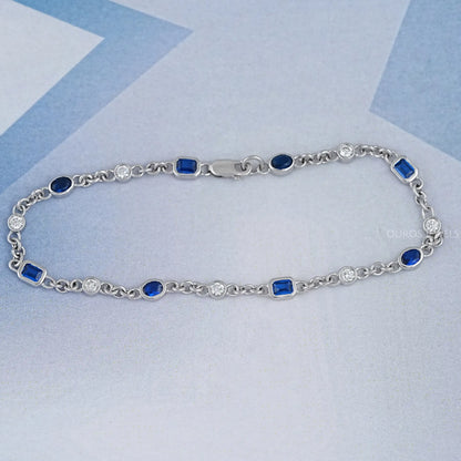 Sapphire Emerald Cut Gemstone Chain Bracelet
