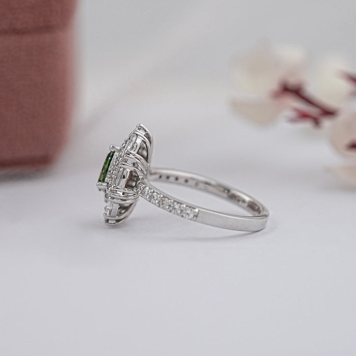 Green Pear Diamond Double Halo Engagement Ring