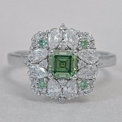 Asscher Cut Green Lab Diamond Cluster Engagement Ring Ring