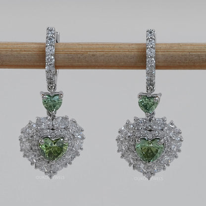 Green Heart Diamond Halo Set Dangle Earring