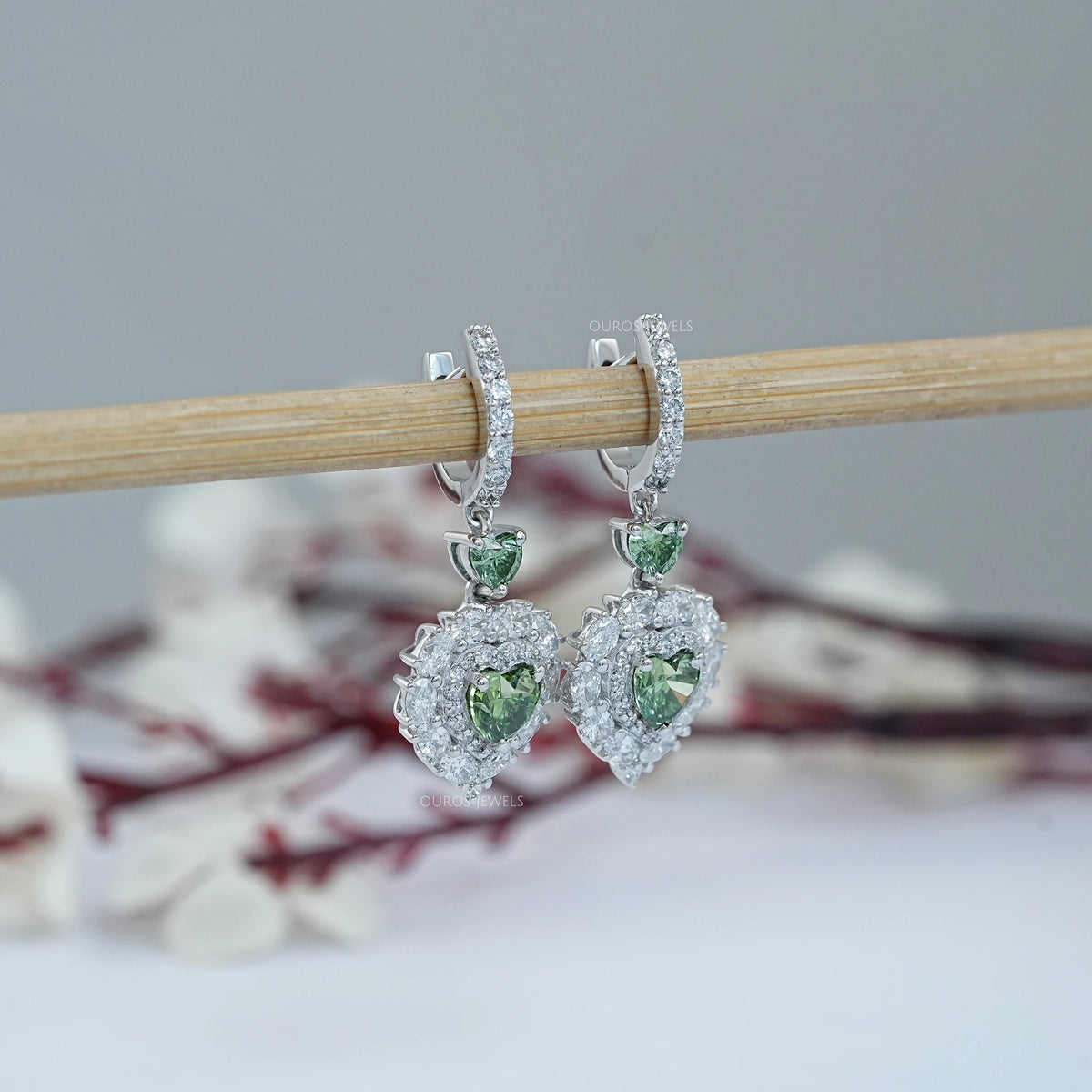 Green Heart Lab Diamond Halo Dangle Earrings Earrings