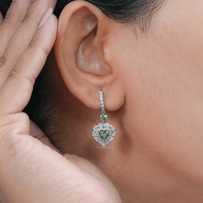 Green Heart Lab Diamond Halo Dangle Earrings