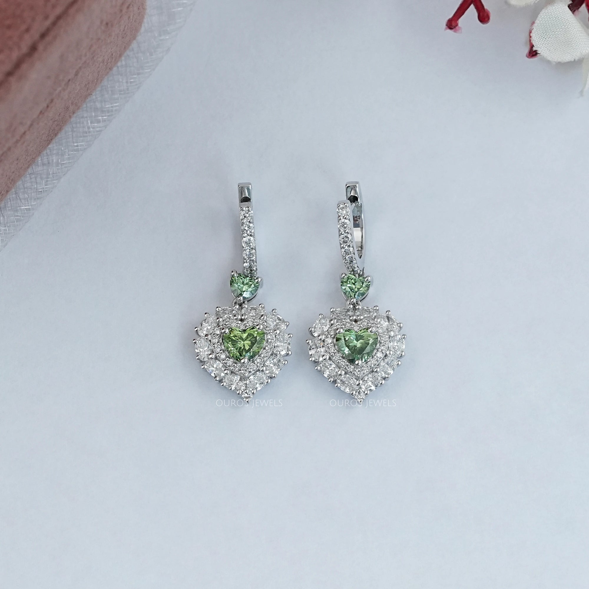 Green Heart Lab Diamond Halo Dangle Earrings Earrings