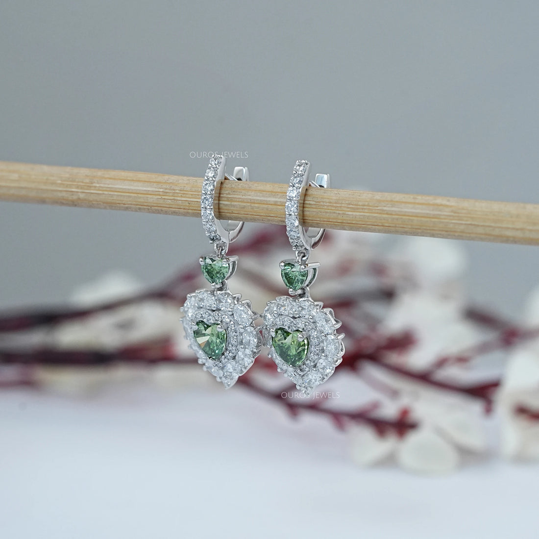 Green Heart Lab Diamond Halo Dangle Earrings Earrings