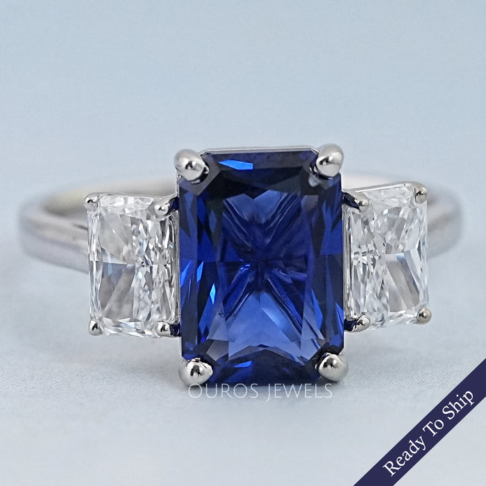 Sapphire Radiant And Lab Diamond Three Stone Ring
