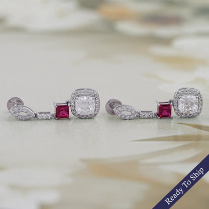 Ruby Princess Old Mine Cushion Cut Halo Dangle Earrings Earrings