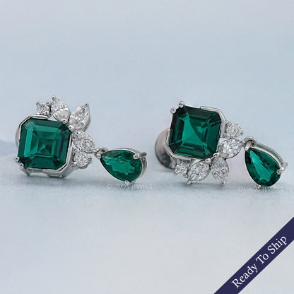 Green Asscher Gemstone And Marquise Diamond Drop Earrings