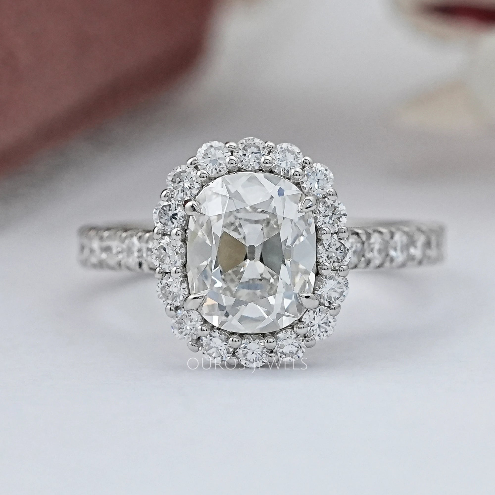 Old Mine Cushion Cut Halo With Accent Engagement Ring Ring