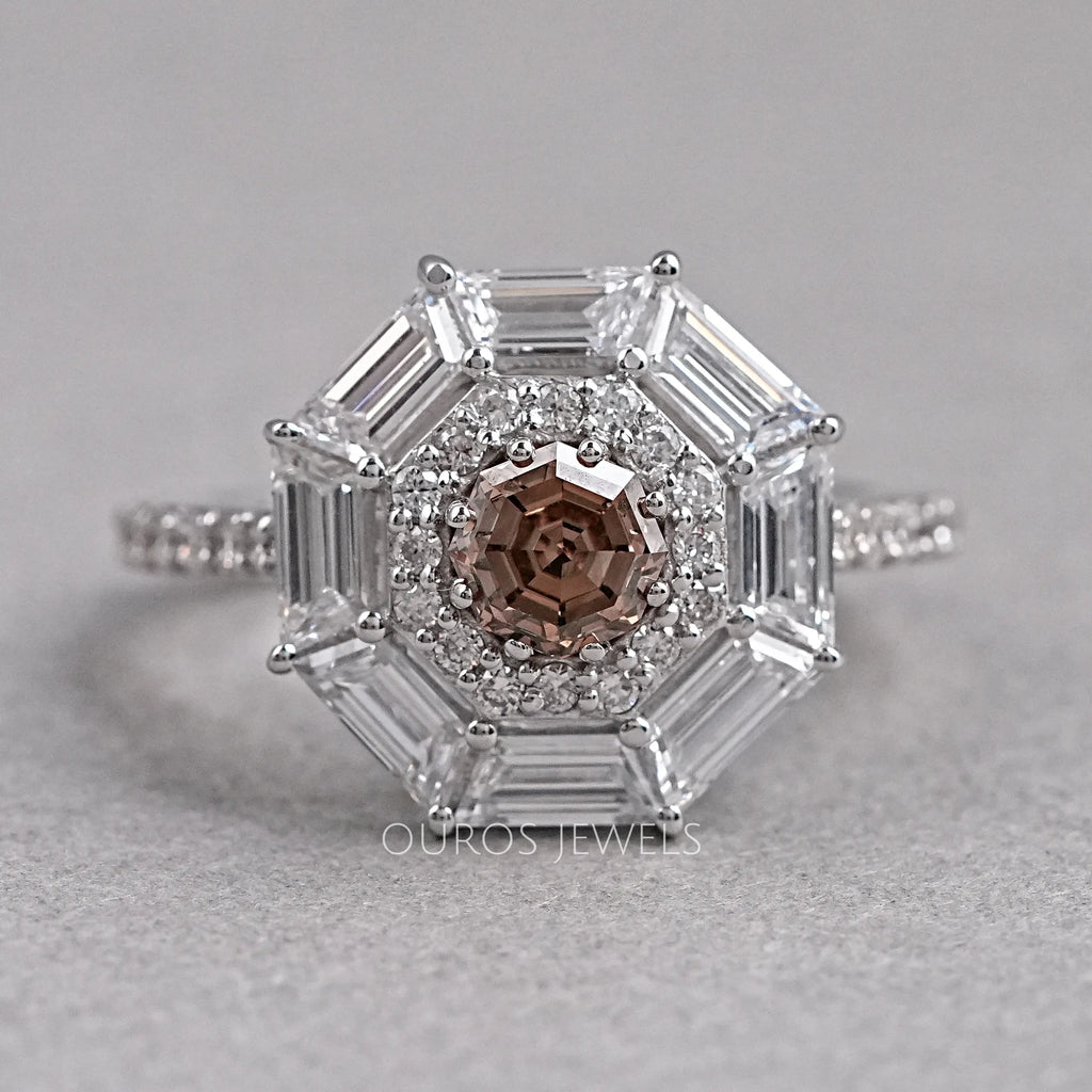 top view of brown octagon lab diamond double halo engagement ring