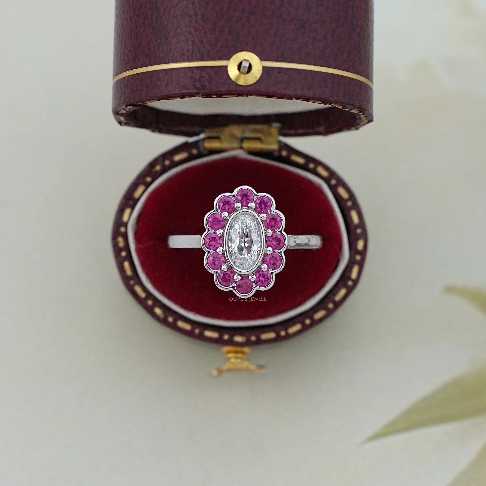 Old Mine Oval Cut Pink Halo Floral Engagement Ring Ring