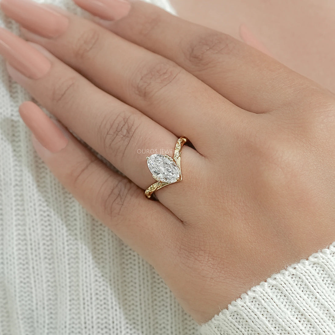Old Mine Moval Cut Engraved Curved Engagement Ring Rings