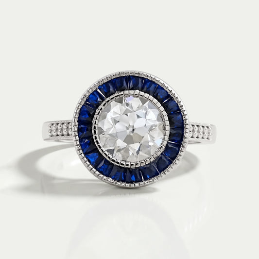 OEC Round Diamond Surround Sapphire Baguette Halo Ring Ring
