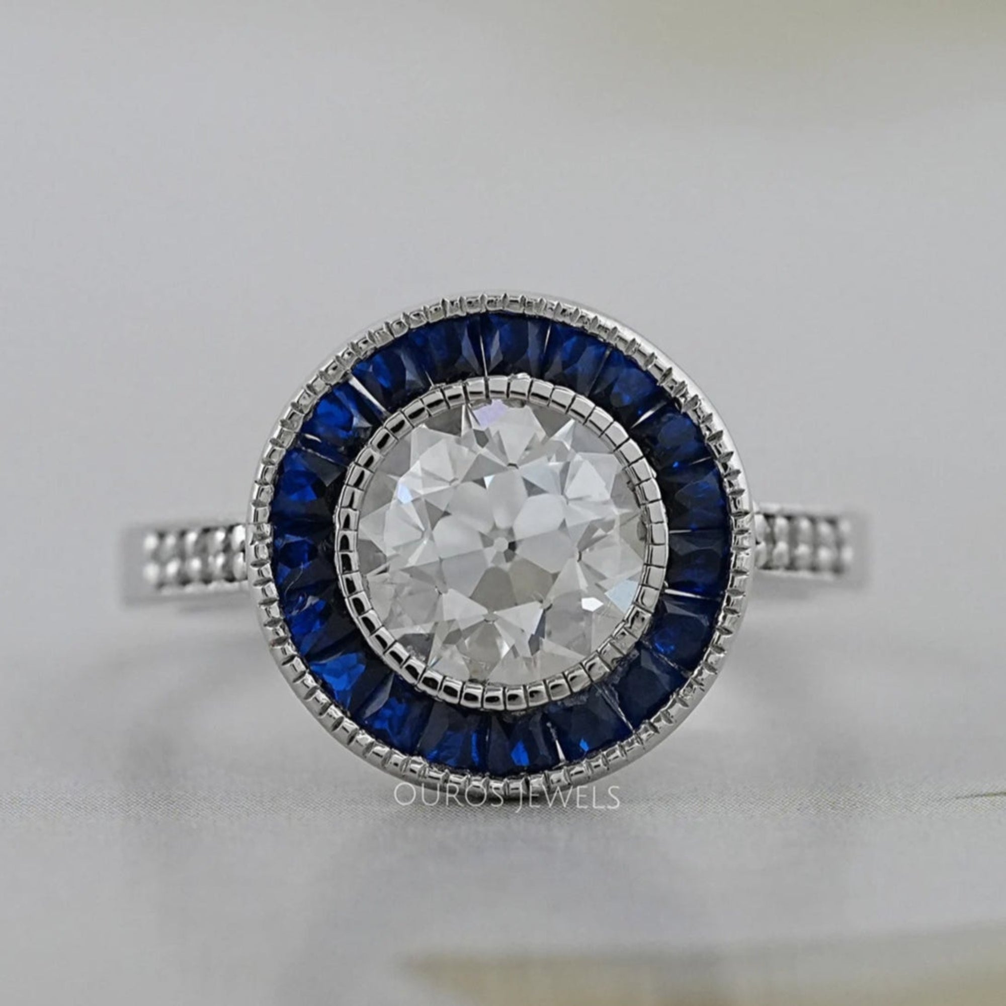 OEC Round Diamond Surround Sapphire Baguette Halo Ring Ring