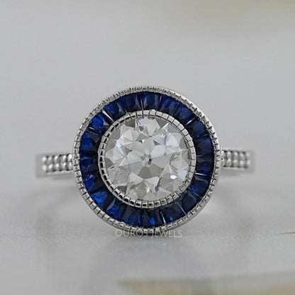 OEC Round Diamond Surround Sapphire Baguette Halo Ring Ring