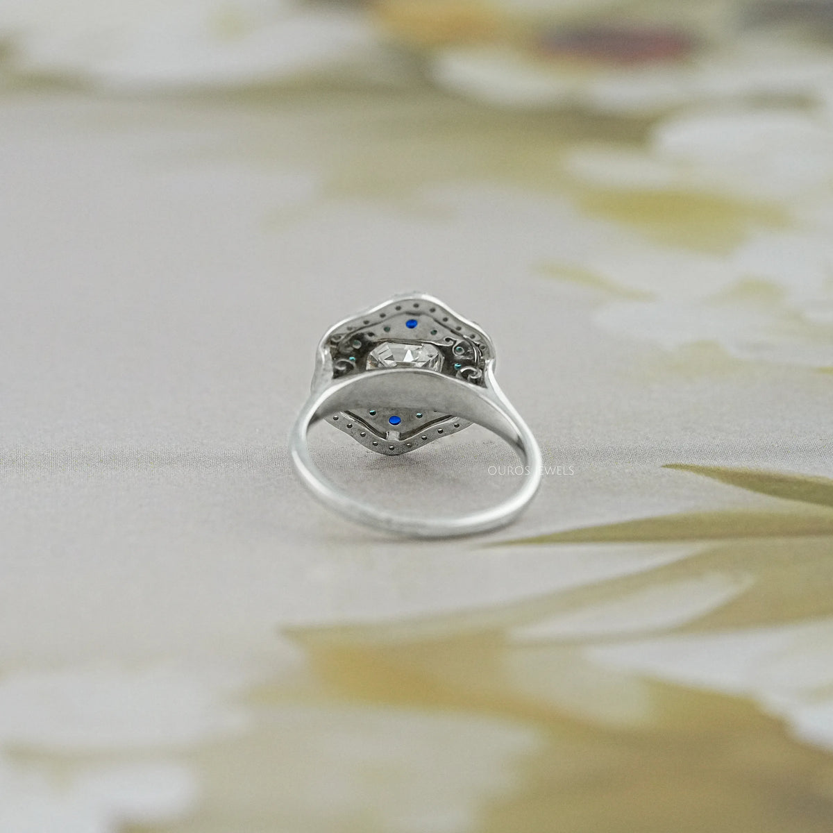 Old Mine Asscher Diamond And Gemstone Double Halo Ring Rings