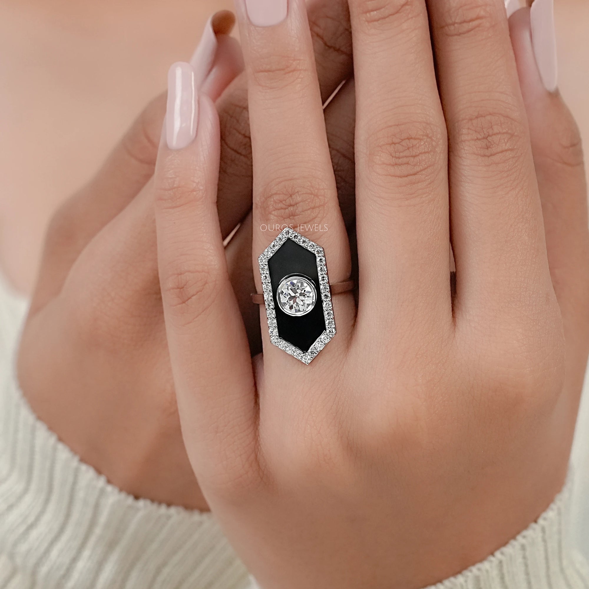 OEC Round Diamond Halo Black Enamel Ring Rings