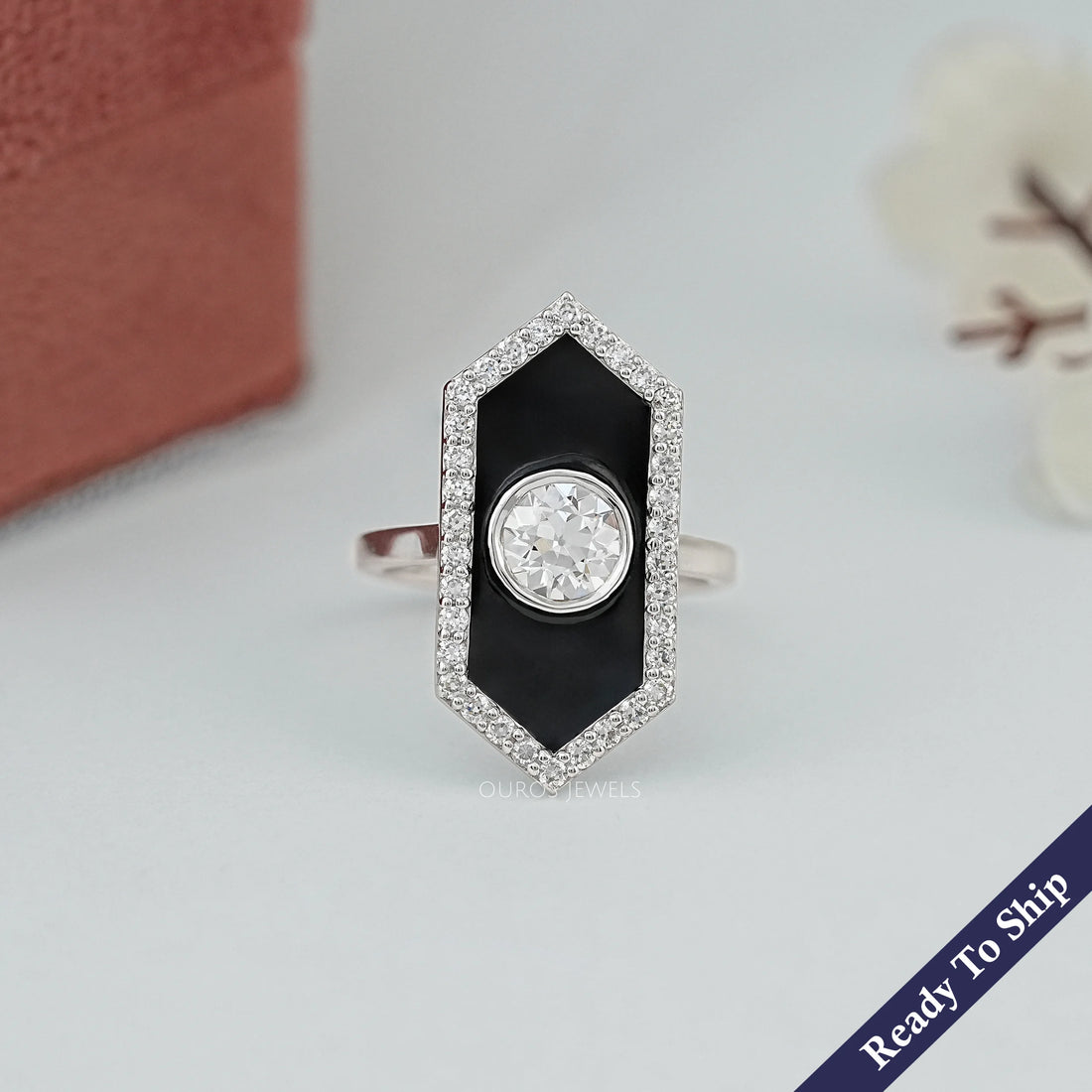 OEC Round Diamond Halo Black Enamel Ring Rings