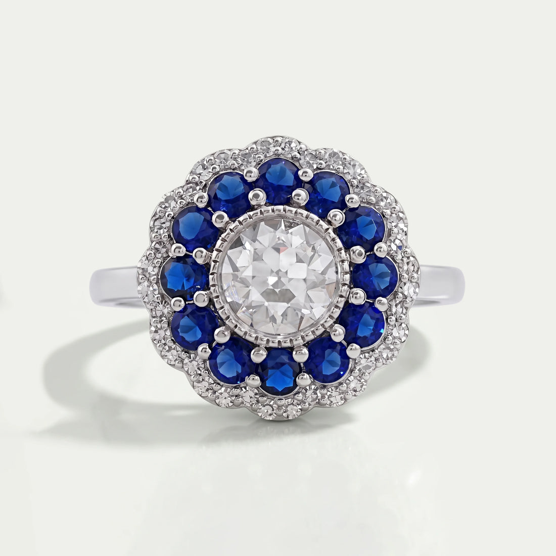 Old European Round Cut Sapphire Halo Engagement Ring Rings