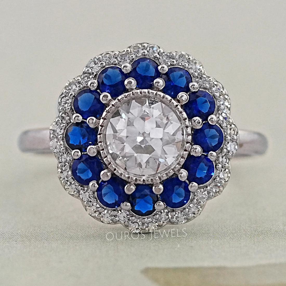 Old European Round Cut Sapphire Halo Engagement Ring Rings