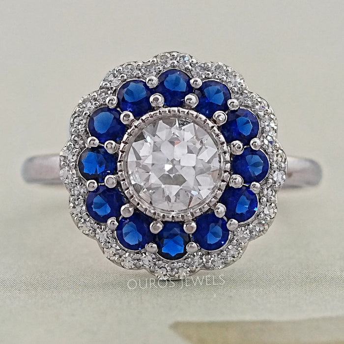 top view of old european round cut diamond sapphire halo engagement ring