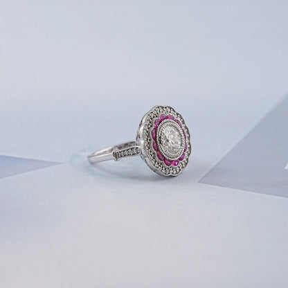 Old European Round Cut & Pink Halo Half Moon Gemstone Ring Rings